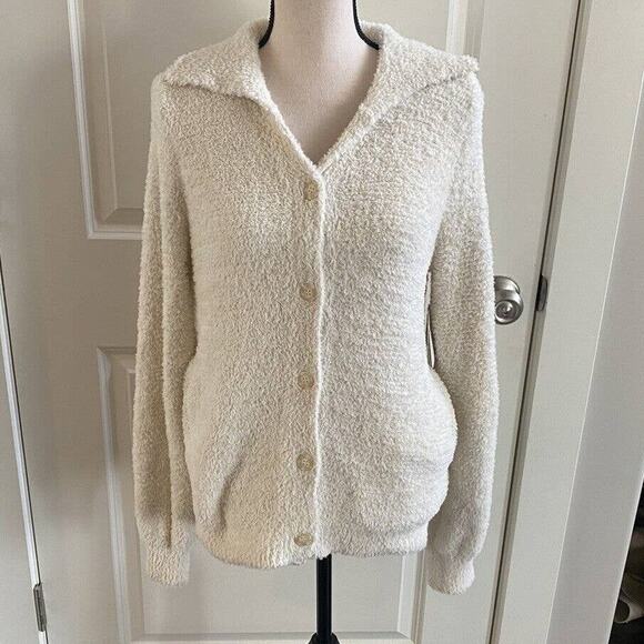 Susina Fuzzy Large Cream button up long sleeved sweater collar Ivory Dove NEW - Picture 1 of 3